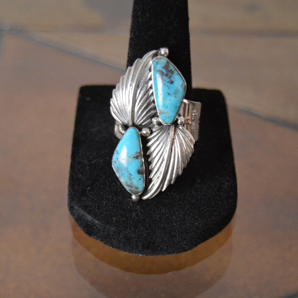 Handmade Navajo Sterling Silver and Turquoise Ring by Gregg Yazzie, Size 8.75 - Picture 2 of 8